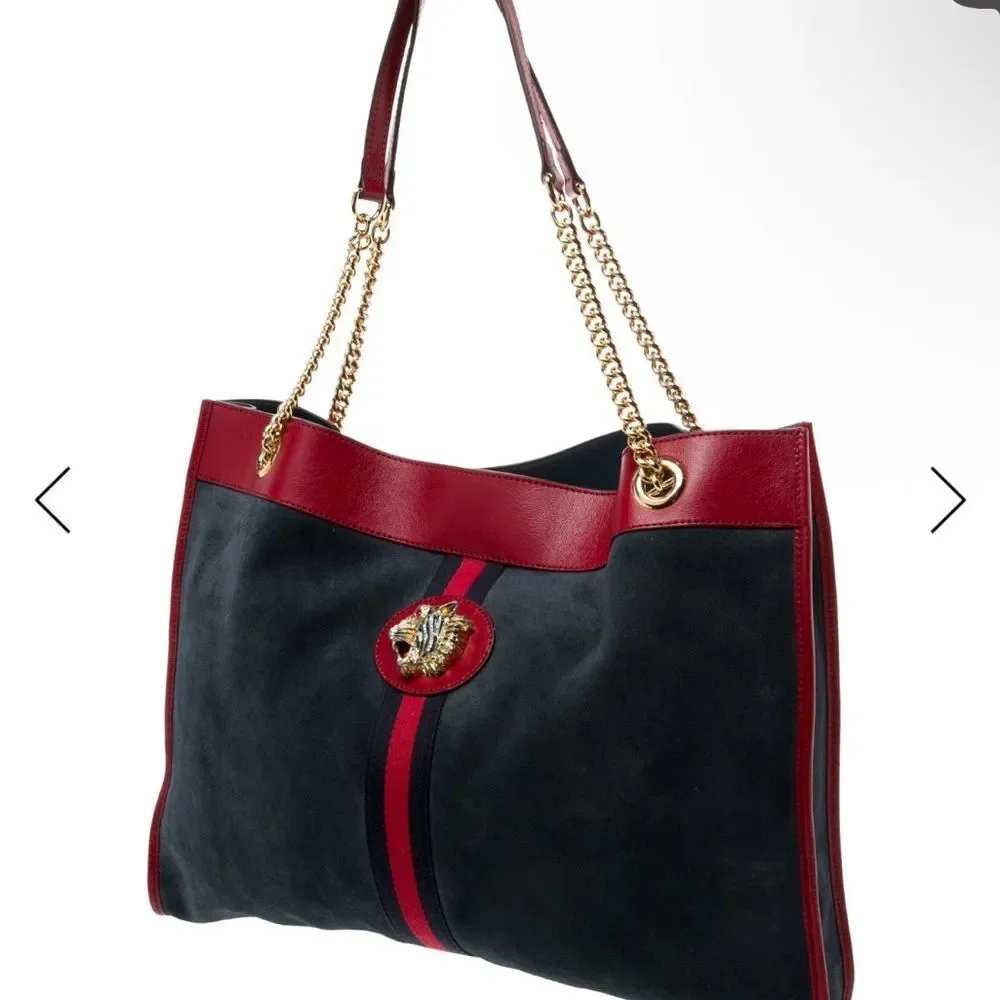 GUCCI Navy Blue Suede & Red Leather Trim Large Sylvie Web Rajah Tote Bag - Picture 3 of 16